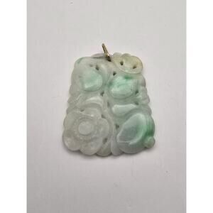 Vintage Chinese Carved Jade Pendant Plaque w/ 10K Yellow Gold Bail, Icy Green